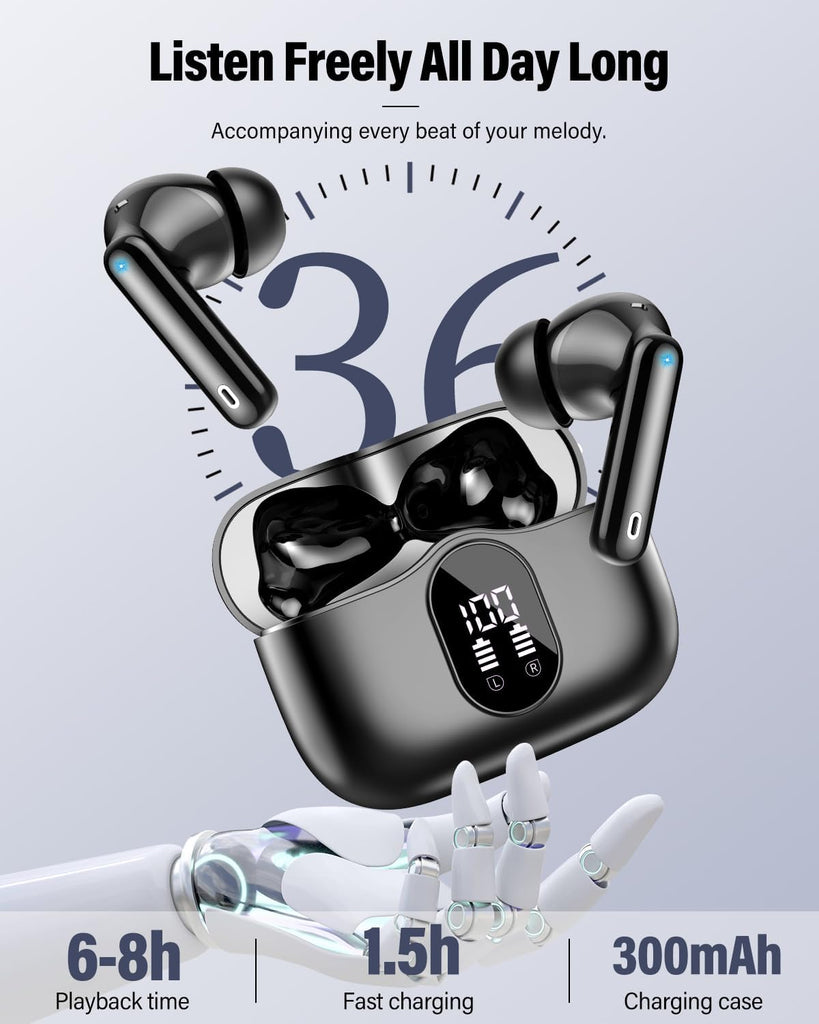 Wireless Earbuds, Bluetooth 5.4 Headphones Bass Stereo, Ear Buds with Noise Cancelling Mic, LED Display in Ear Earphones Clear Calls, IP7 Waterproof Bluetooth Earbuds for Laptop/Phones/Sports