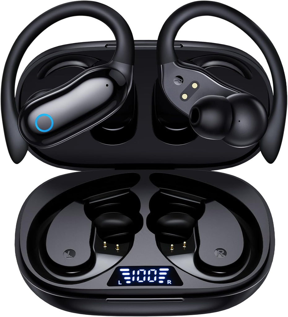 Active Noise Cancelling Ear Buds Wireless Earbuds 96hrs Playback Bluetooth Headphones Dual Battery Display Stereo Bass Earphones with Earhooks Microphone IPX7 Waterproof for Sports/Workout