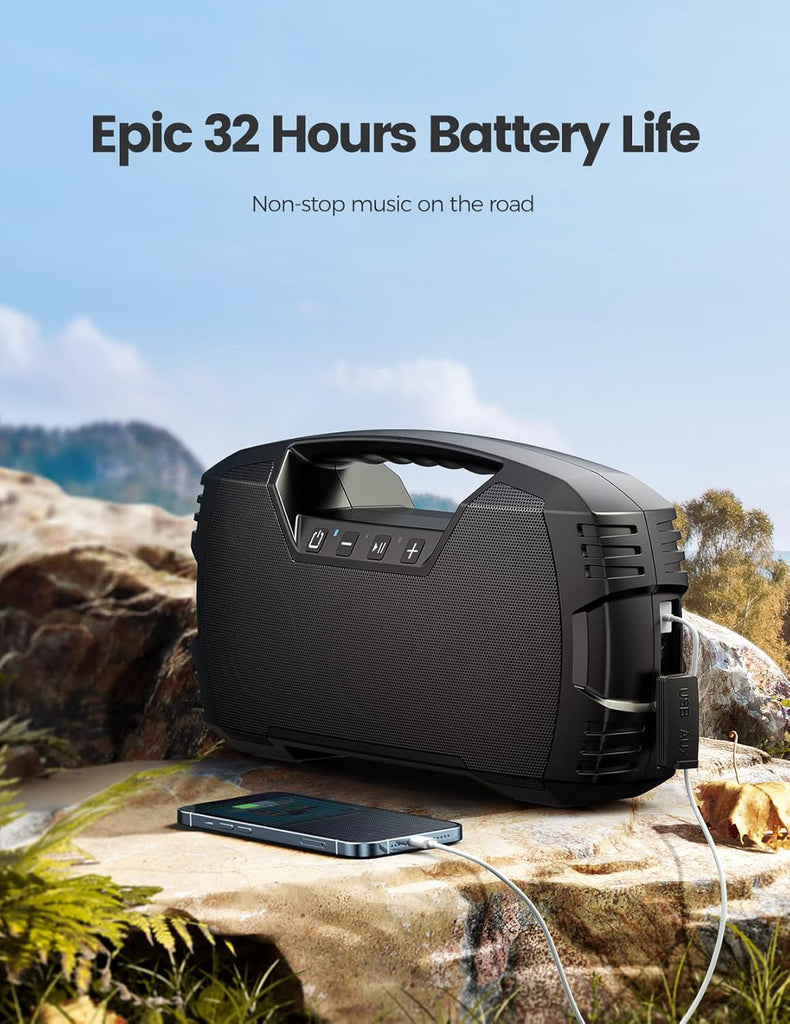 IPX7 Waterproof Bluetooth Speaker Wireless, 60W Peak, 32H Playtime Floating Portable Speakers Deep Bass Loud Stereo Sound with Handle, Rugged for Pool, Beach, Kayaking, Hiking, Outdoor, Black